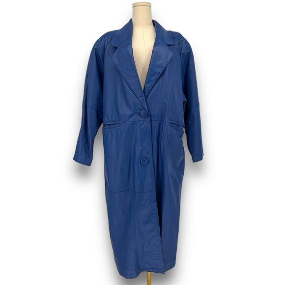 1980s Vintage Diana Marco Blue Leather Long Maxi Duster Jacket Sz 20 (Fits L-XL) - Picture 1 of 11